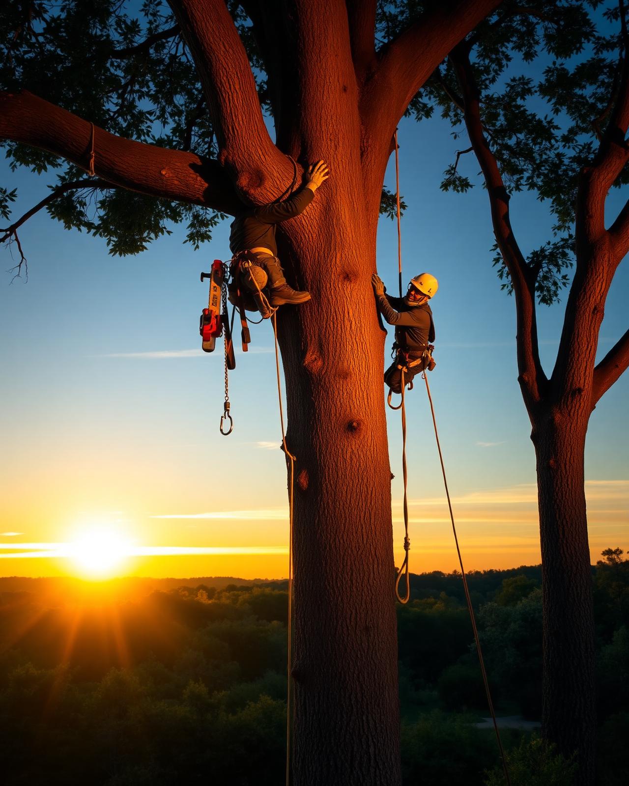 Professional arborist climbing a tall tree at golden hour